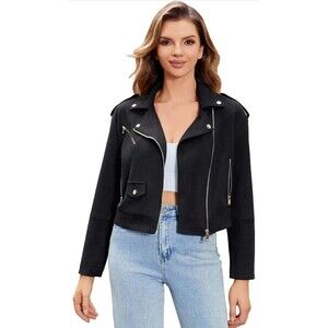 Faux Suede Leather Jacket For Women Moto Biker Coat With Pocket Slim XL Black